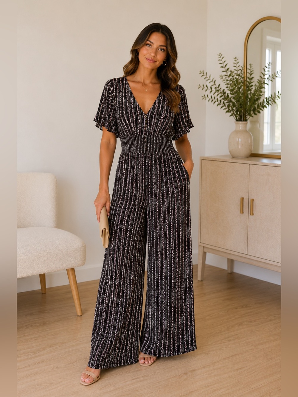 Melloday Floral Print Smocked Waist V-Neck Jumpsuit- Size Medium